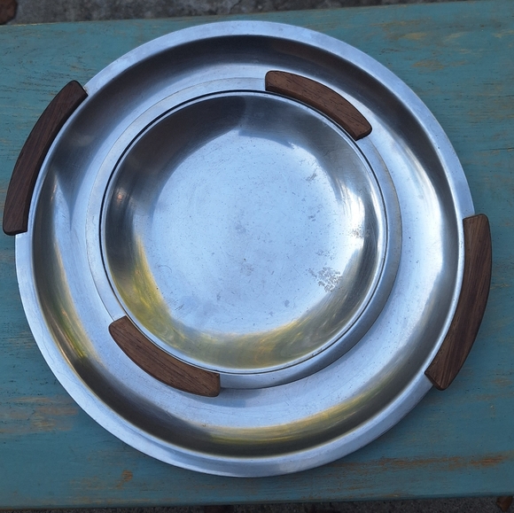 Vintage Stainless Steel Tray Teak Wood Handles MCM Metal Platter Modern Display - Picture 8 of 15